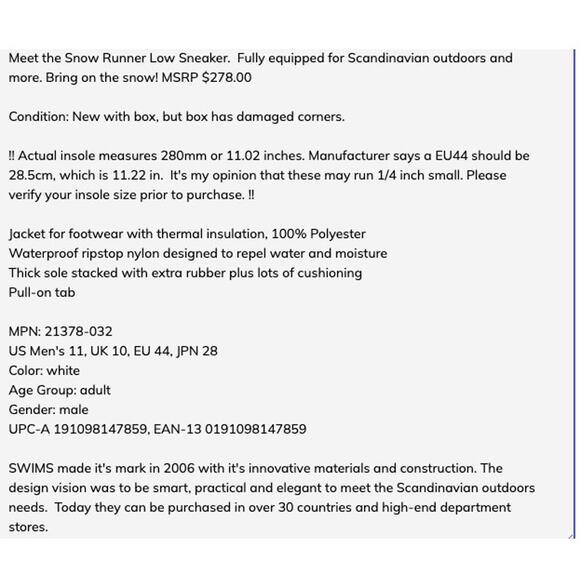 SWIMS Snow Runner Sneaker Low Men's 11 Waterproof Insulated Norwegian Brand - Picture 11 of 11